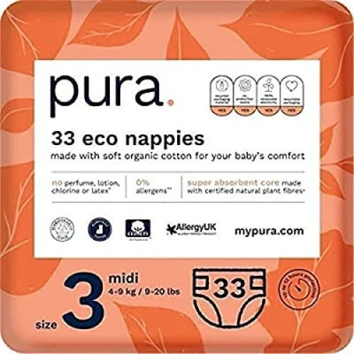 Imagen de Pura Pañales ecológicos para bebés talla 3 (Midi 4 9kg) 1 paquete de 33 pañales, con certificado ecológico la EU, algodón orgánico, hasta 12 horas protección contra fugas
