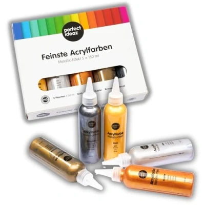Imagen de perfect ideaz pinturas acrílicas metalizadas (5 x 150 ml = 750 ml), 5 creativas diferentes, alta proporción de pigmentos colores, pintura acrílica cobertura y secado rápido