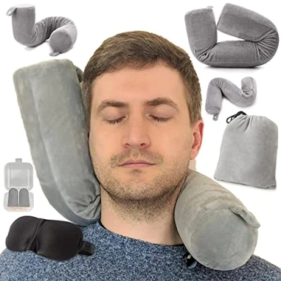 Imagen de EPROICKS Almohada Cervical Viaje, Ajustable Cojin Avion Cuello, Multi Puede Doblarse Viaje con Cremallera para Coche, Tren, Cama, Oficina, Máscara de Ojos, Tapones y Bolsa (Gris)