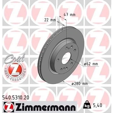 Imagen de ZIMMERMANN COAT Z 540.5310.20 Disco de freno 280 22 9/5 5 114 ventilado revestido SUZUKI: Vitara IV SUV, SX4 II S Cross
