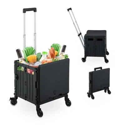 Imagen de Relaxdays Carrito de Compra Plegable, Carro con Ruedas Giratorias, para 35 kg, Caja Mango Telescópico y Tapa, Negro, Hierro, 101 x 43 44 cm