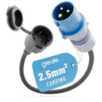 Imagen de greate adaptador CEE 16A con enchufe Schuko conector 230V y cable de 50 cm, protección IP44 camping