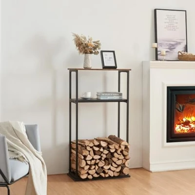 Imagen de [en.casa] Soporte para Leña con 2 Estantes Uso Interior Leñero Estantería Almacenar Madera Accesorios de Chimenea Acero Aglomerado 112 x 60 30 cm Negro Efecto Oscura