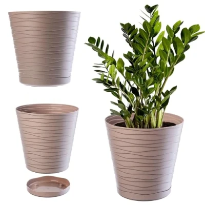 Imagen de KADAX Maceta con platillo, macetero para Interior, Ligero de plástico, Redondo, Flores, Plantas, casa, (11 cm, Beige)