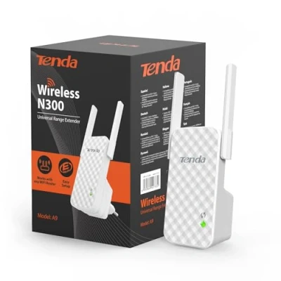 Imagen de Tenda A9 N300 Repetidor de Red WiFi Extensor Amplificador Cobertura (300Mbps, 2 Antenas externas, inalambrico más 200 Metros, Compatible con los Routers y ADSL/Fibra)