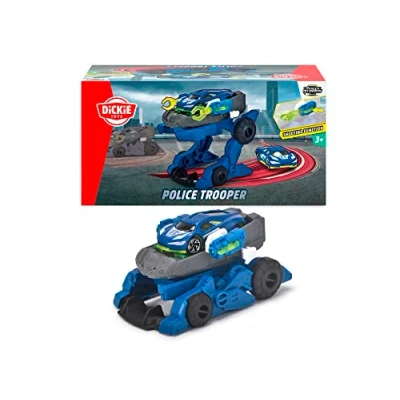 Imagen de Dickie Toys Rescue Hybrids Police Trooper, 11cm, Vehículo policial robótico transformable, 2 en 1, Robot y Coche policial,con Lanzaproyectiles, 7,5cm, A Partir de 3 años (203792000), Multicolor