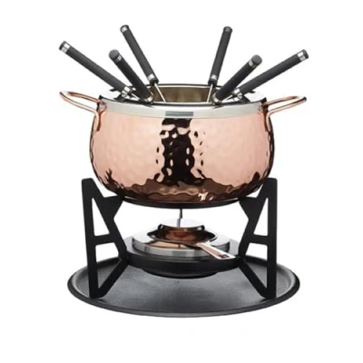 Imagen de Artesà Set de Fondue con 6 Tenedores y Cuenco Acero Inoxidable, Cerámica, Soporte Metal Quemador Doble Combustible para Chocolate, Queso o Carne