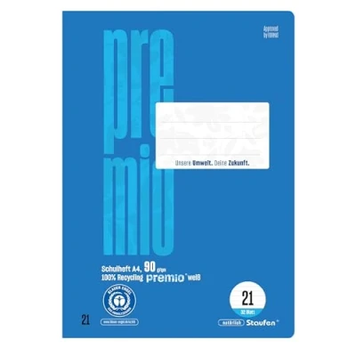 Imagen de Staufen Cuaderno escolar Green DIN A4, línea 21 (9 mm a rayas), 2 cuadernos de 32 hojas cada una, papel reciclado 90 g/m², esquinas redondas para evitar orejas burro