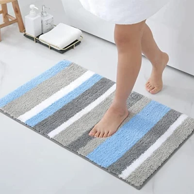 Imagen de Homaxy Alfombra de baño Antideslizante, a Rayas Microfibra Suave, Absorbente Pelo Largo, Lavable máquina, 40 x 60 cm, Azul/Gris