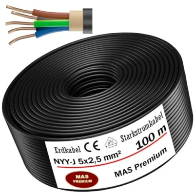 Imagen de cable eléctrico subterráneo, marca alemana, para la instalación en exteriores y exteriores, de corriente estándar (NYY J 5 x 2,5 mm², 100m)