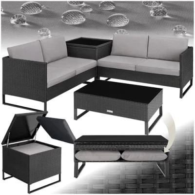 Imagen de TecTake® Conjunto Jardín de Ratán con Cojines Gruesos, Muebles Exterior 2 Sofás, 1 Mesa Cristal, Caja Almacenamiento, Terraza Resistente a la Intemperie, Estructura en Acero Negro