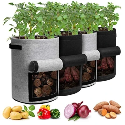 Imagen de Homyhoo Bolsas de Cultivo Patatas con Solapa 10 galones, Paquete 4 macetas Asas y Ventana Cosecha para Patatas, Tomates Verduras, Color Negro Gris