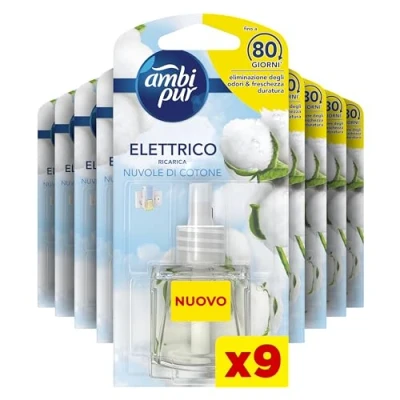 Imagen de Ambi Pur Ambientes Nubes de algodón, 9 recambios para difusor eléctrico, elimina olores, seguro usar en cualquier habitación, duración hasta 2 años perfume