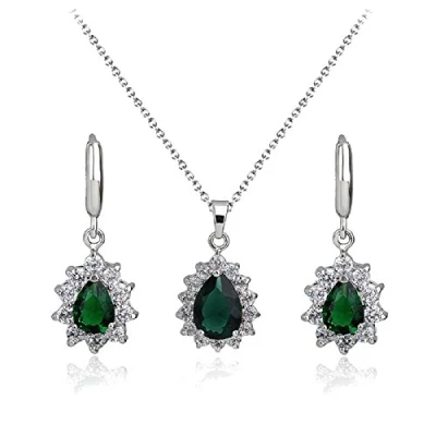 Imagen de Crystalline Azuria Mujer 18ct Chapado en Oro Blanco Lágrimas Esmeralda simulada Verde Cristales de Zirconia Juego joyas Collar con Colgante 45 cm Pendientes