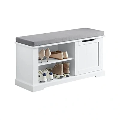Imagen de SoBuy FSR84 W Banco Zapatero con 1 Puerta y 2 estantes de almacenamianto cojín Acolchado Asiento 90 x 30 45 cm ES