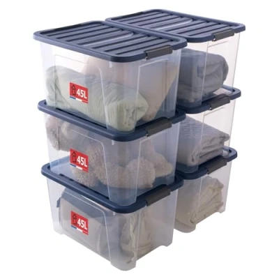 Imagen de Sundis Wave Box, 6 cajas de almacenamiento con tapa 45 l, plástico transparente, superponibles y apilables, ideales para guardar dormitorio, oficina, ático, garaje