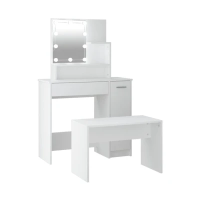 Imagen de vidaXL Juego de Tocador con LED Mesa Maquillaje Joyería Cosméticos Almacenamiento Taburete Dormitorio Madera Contrachapada Blanco