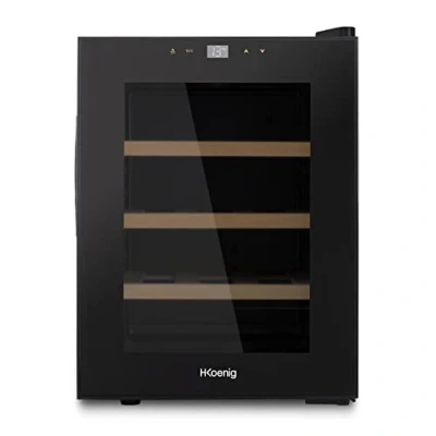 Imagen de H.Koenig Vinoteca 12 Botellas AGE12, 31 L, Profesional Acero Inoxidable, Refrigerante, Termoeléctrica, Regulable de 8C a 18C, Silenciosa, Iluminación Interior, 3 Estantes, litros, Negro