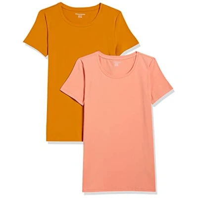 Imagen de Amazon Essentials Camiseta de Cuello Caja Manga Corta y Ajuste Clásico Mujer, Pack 2, Amarillo Dorado/Naranja Coral, L