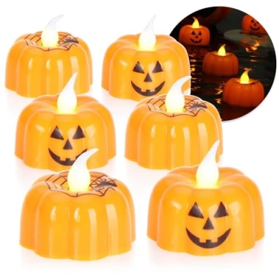 Imagen de COM FOUR® 6x luces de té LED Halloween en forma calabaza Velas que funcionan con baterías (Conjunto naranja)