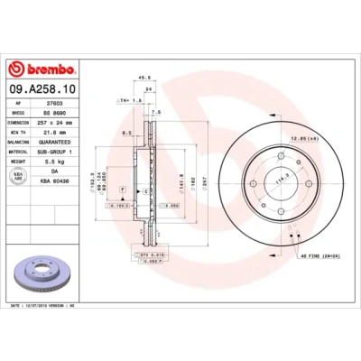 Imagen de BREMBO 09.A258.10 Disco de freno 257 24 4 ventilación interna HYUNDAI: COUPE, SONATA 4, LANTRA 2