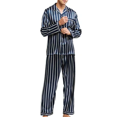 Imagen de Conjunto de pijama satén para hombre, Rayas azules y beige, XXL