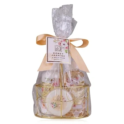Imagen de Accentra set de ducha regalo para mujer HONEY JASMINE en una hermosa canasta alambre cuidado 3 piezas con gel ducha, loción corporal y jabón bienestar