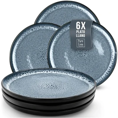 Imagen de Juego de 6 Platos Grandes Gres Ibiza Elegantes para Comida, Apto Lavavajillas y Microondas Set Vajilla Personas Pure Living en azul humo