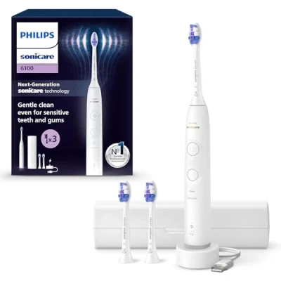 Imagen de Philips Sonicare 6100 cepillo dental eléctrico, sónico con 2 modos de cepillado y 3 niveles intensidad, alerta presión, EasyStart, SmarTimer, estuche viaje, blanco, HX7400/02