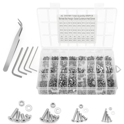 Imagen de Belle Vous Set 950 Piezas Tornillos Acero Inoxidable Avellanados Hexagonal, Tuercas y Arandelas Cabeza Plana M2, M3, M4 M5 Variados en Caja Para Bricolaje Reparar Máquinas