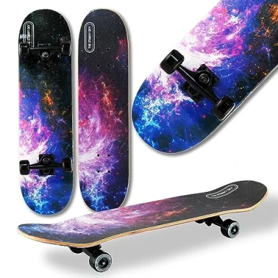 Imagen de WeLLIFE Monopatín Completo Skateboard para Principiantes Monopatines Niños Jóvenes y Adultos Patinetas de Madera 80x20 cm 9 Capas Arce Doble Patada Cóncava Rodamientos Abec 7 Diseño en Lija
