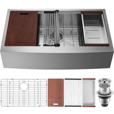 Imagen de VEVOR Fregadero de Cocina Acero Inoxidable 304 Bajo Encimera un Solo Seno con Tabla Cortar Filtro Escurridor Drenaje Rápido para Preparación Casera, 84 x 56 23 cm