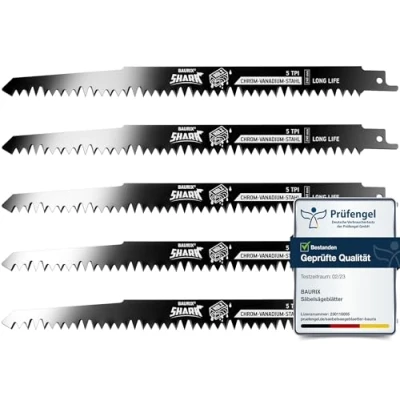 Imagen de BAURIX® Sierra Sable para madera SHARK® [5 piezas] 240 mm 5 TPI Hojas cortes rápidos y limpios de en bruto, húmeda, leña, viva