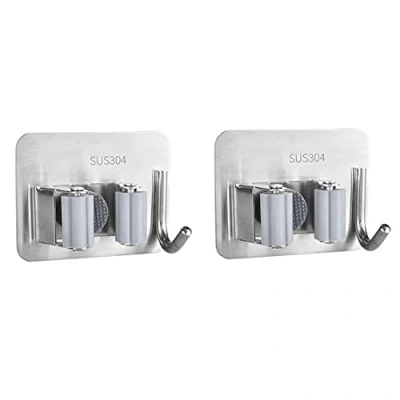 Imagen de SyiXute 2 Piezas Soporte para Escobas,Soporte Escobas Pared de Acero Inoxidable,Autoadhesivo Sin Perforar Colgador Fregonas con Ganchos Hogar Cocina Baño Garajes