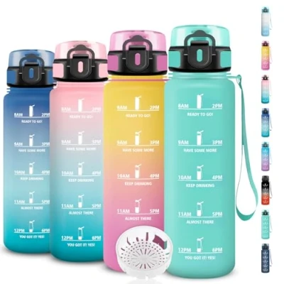 Imagen de Botella de Agua 1l, Deporte con Filtro, a Prueba Fugas, Cantimplora Reutilizable Marca Tiempo, Infantil para la Escuela, Deportes, Camping, Running, Senderismo