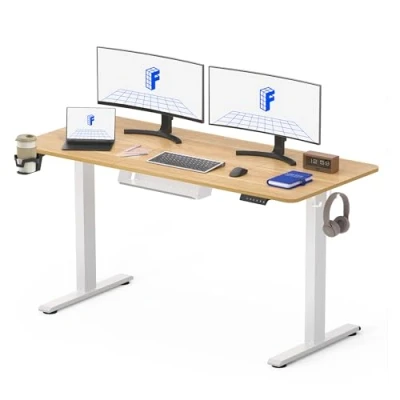 Imagen de FLEXISPOT Escritorio Eléctrico Ajustable en Altura con Tablero Blanca 140x60cm, Standing Desk para Computadora Gancho, Función de Memoria, Oficina y Dormitorio