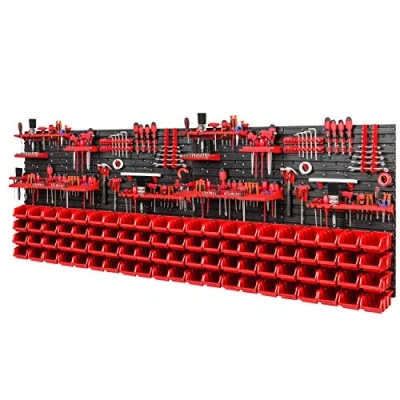 Imagen de PAFEN Sistema de almacenamiento pared para herramientas, 2308 x 780 mm, juego soportes herramientas y 84 cajas apilables rojas estantería taller, perforada