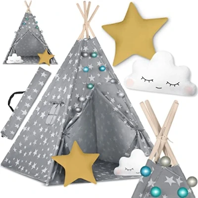 Imagen de Nukido Tipi 740120 Tienda de campaña para niños, algodón, Marco Madera, diseño Encantador, fácil Limpiar, 120 x 165 cm, Luces Grises, Gris con Estrellas,