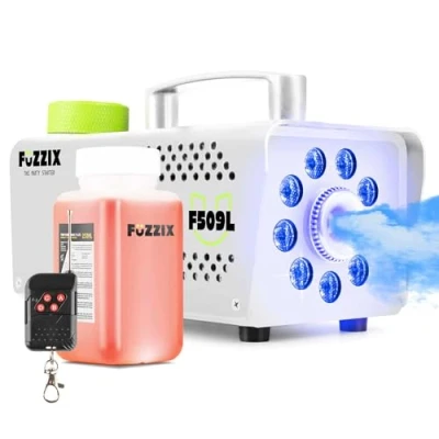 Imagen de Fuzzix F509LW mini máquina de humo con efecto luz 9 LED RGB y 250 ml líquido niebla, 500 vatios mando a distancia, para Halloween, fiestas, bares, color blanco