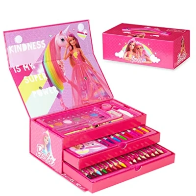 Imagen de Barbie Maletin Pinturas, Material Escolar Con Ceras De Colores Y Lapices Colores, Kit Dibujo Para Niña