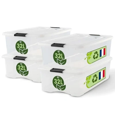 Imagen de Iris Ohyama, Caja de Almacenamiento Plástica con Tapa, 32L, Lote 4, Transparente, Clips Cierre, Asa, Apilable, Organización Sólida y Duradera, para Habitación, Vestidor, Oficina, BSB 32
