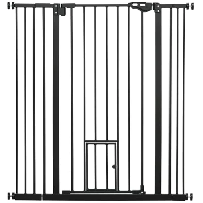 Imagen de PawHut Barrera de Seguridad para Perros con 1 Puerta Pequeña Mascotas Extensible Cierre Automático y Sistema Doble Bloqueo Pasillo Escalera 74 101x104,1 cm Negro