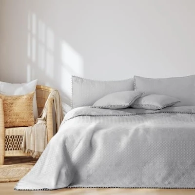 Imagen de AmeliaHome Colcha con Pompones (220 x 240 cm), Color Plateado