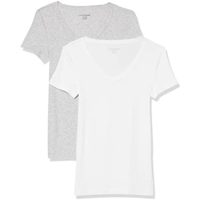Imagen de Amazon Essentials Camiseta de Cuello en Pico Manga Corta y Ajuste Entallado Mujer, Pack 2, Blanco/Gris Claro Mezcla, XXL