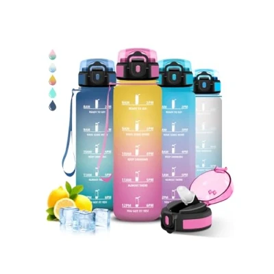 Imagen de Botella Agua, 1 litro, A Prueba de Fugas, Cantimplora con Pajita, Reutilizable, Water Bottle Eslogan Motivador, Fácil Limpiar, para la Fitness, Oficina, Acampada, Deportes
