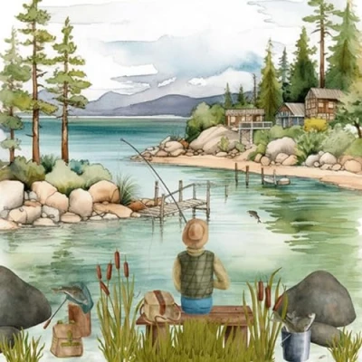 Imagen de 20 servilletas de papel con diseño flores, jardín y naturaleza, pesca en el lago como decoración mesa, diseño. También para decoupage decoupage, 33 x cm