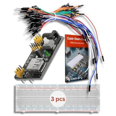 Imagen de AZDelivery 3 x MB 102 Breadboard Kit 830 Breadboard, Fuente de Alimentación Adaptador 3,3V 5V, 65 Jumper Compatible con Arduino