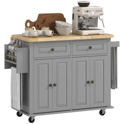 Imagen de HOMCOM Isla de Cocina con Ruedas Carro 2 Cajones 4 Puertas Especiero Encimera Madera y Barra Lateral para Comedor 111x44,5x82,5 cm Gris