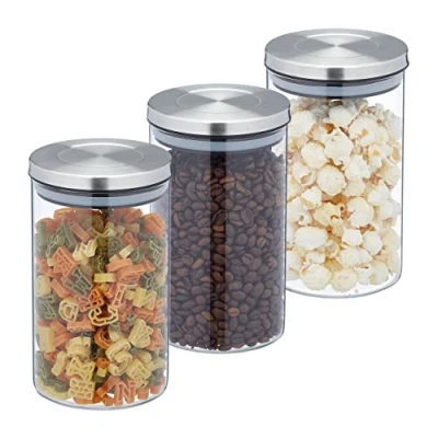 Imagen de Relaxdays 800 ml Botes Cristal, Set 3, Recipientes Cocina, Tapa Acero Inoxidable, Tarros Herméticos, Transparente/Plata, Silicona