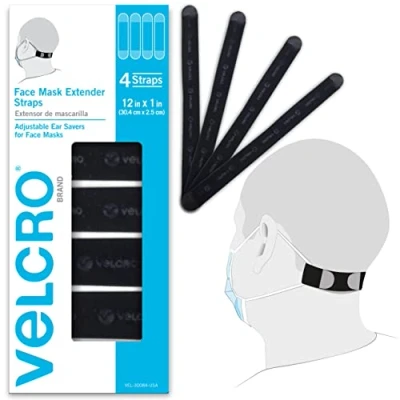 Imagen de VELCRO® Marca Correas extensoras de máscara facial Protectores oídos cómodos y ajustables Negro 30,4 cm x 2,5 Juego 4
